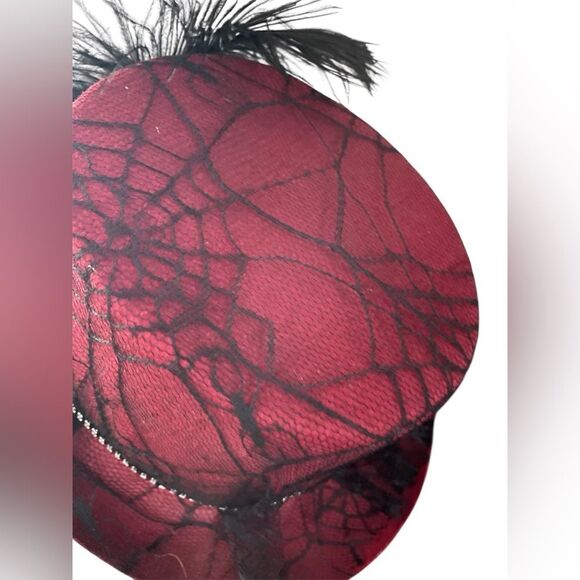 Steampunk Red Felt Hat Lace Spiderweb Veil   Feather Halloween - Picture 4 of 9